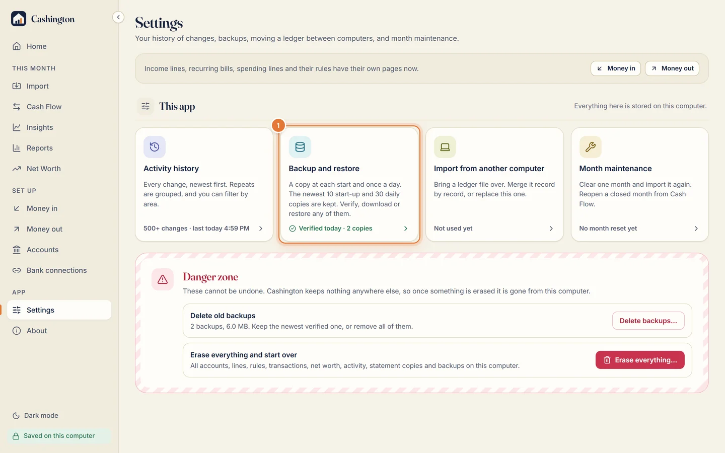 Settings, This app: Activity history, Backup and restore (a copy at each start and once a day, verified today, 2 copies), Import from another computer and Month maintenance, above the Danger zone.
