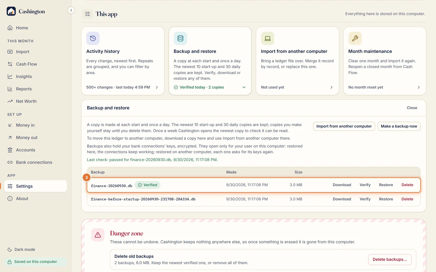 A backup marked Verified, with Download, Verify, Restore and Delete.