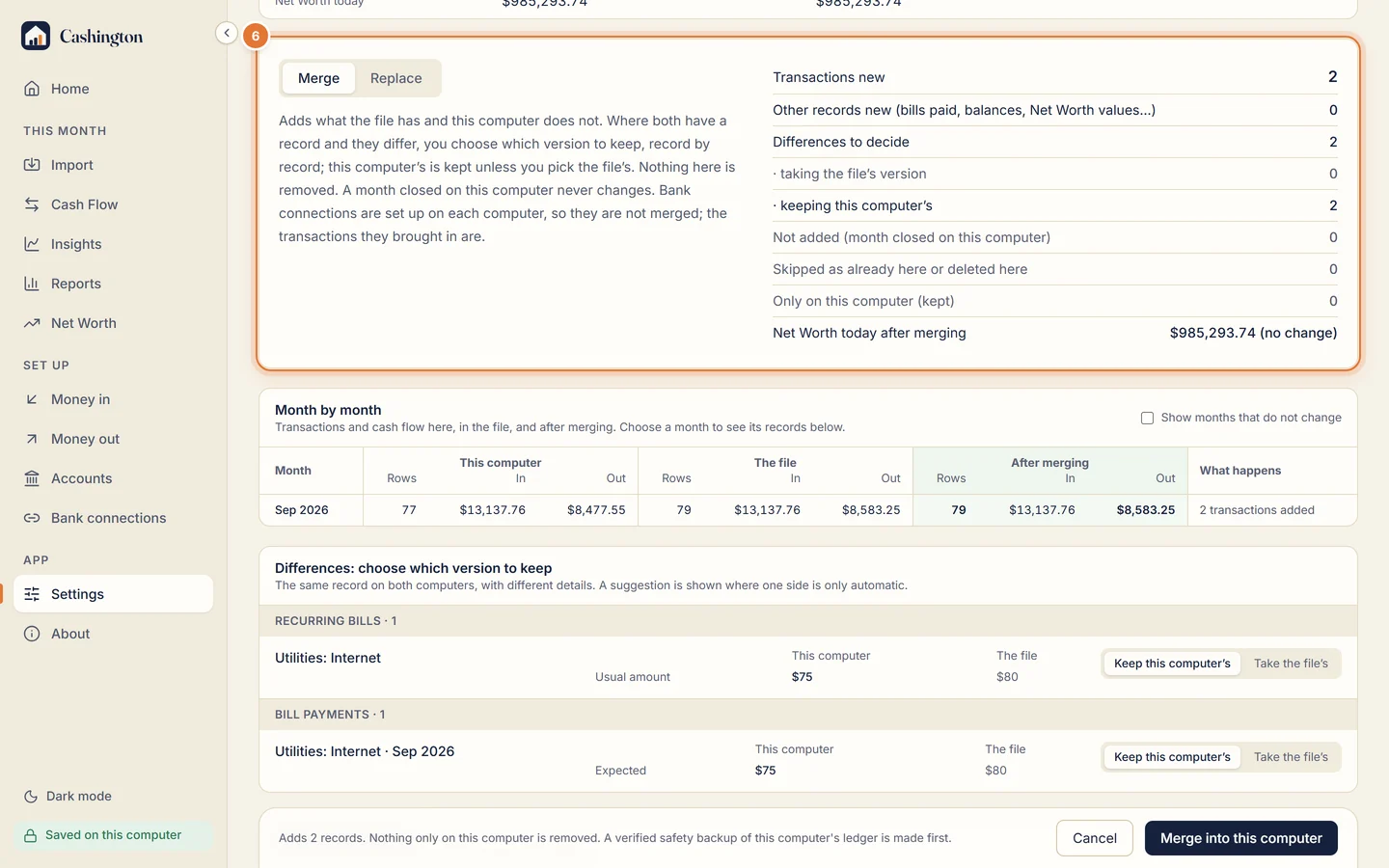 Merge selected, with counts of new transactions, differences to decide, and Net Worth today after merging.