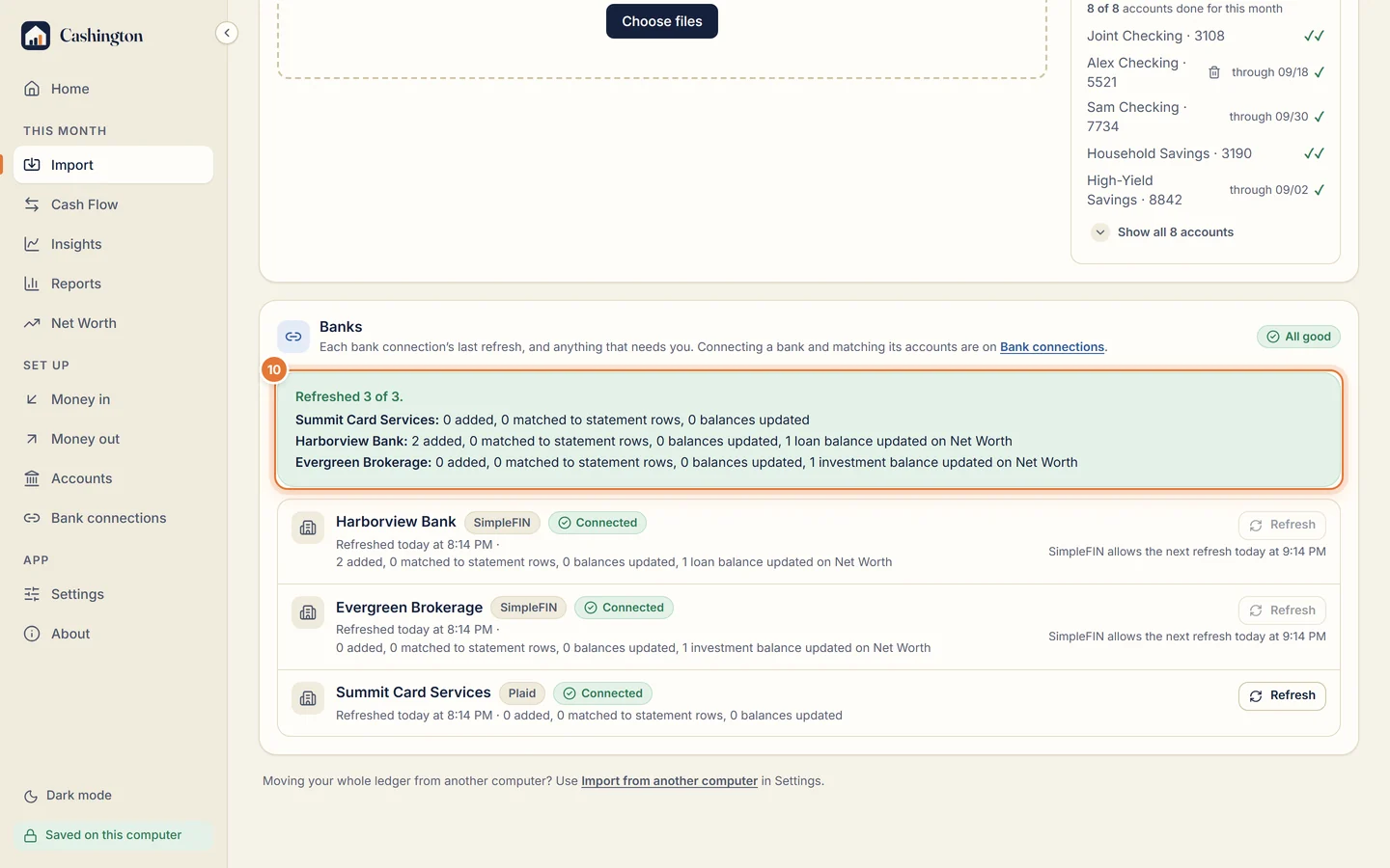 Refreshed 3 of 3: Harborview Bank 2 added and 1 loan balance updated on Net Worth, Evergreen Brokerage 1 investment balance updated on Net Worth.