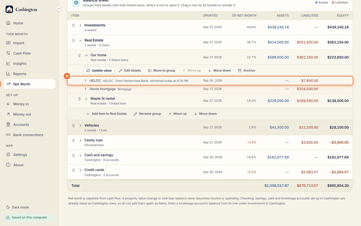 The balance sheet's Real Estate group with Our home and its HELOC, From Harborview Bank, refreshed today.