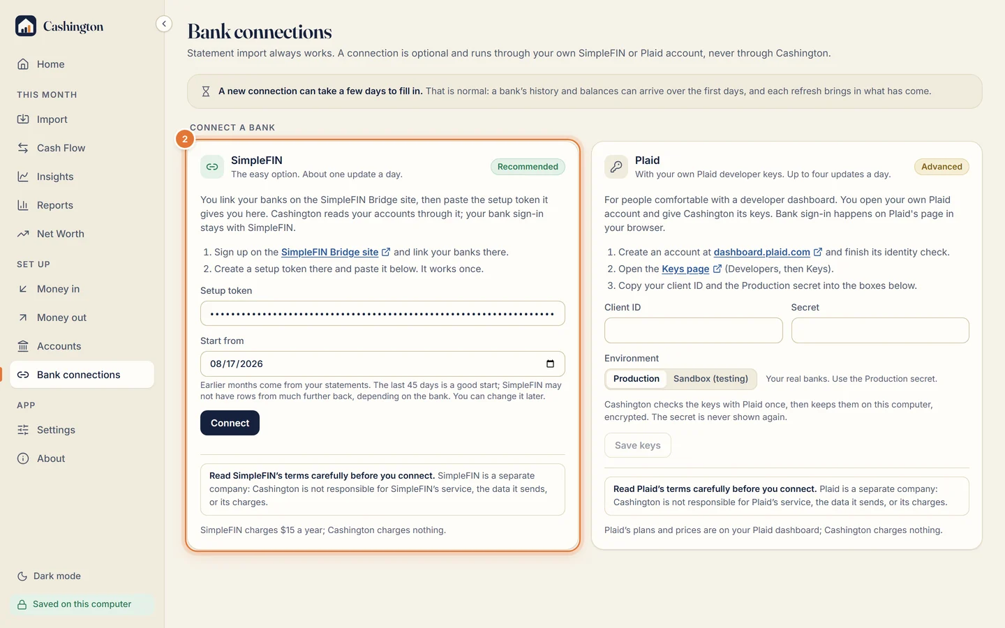The SimpleFIN card with a setup token pasted (masked), Start from set 45 days back, and the Connect button.