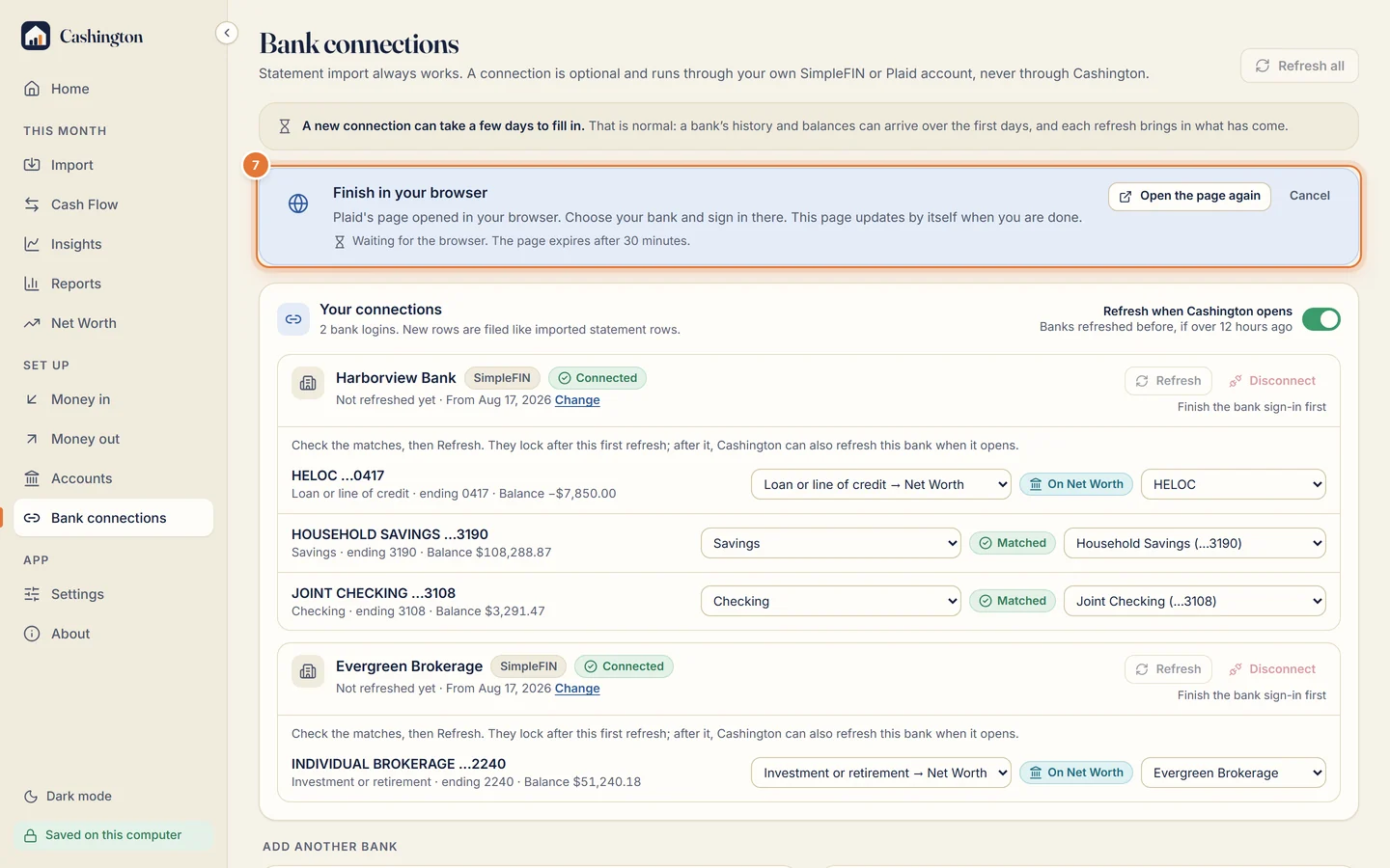 Finish in your browser: Plaid's page opened in your browser, waiting for the browser, with Open the page again and Cancel.
