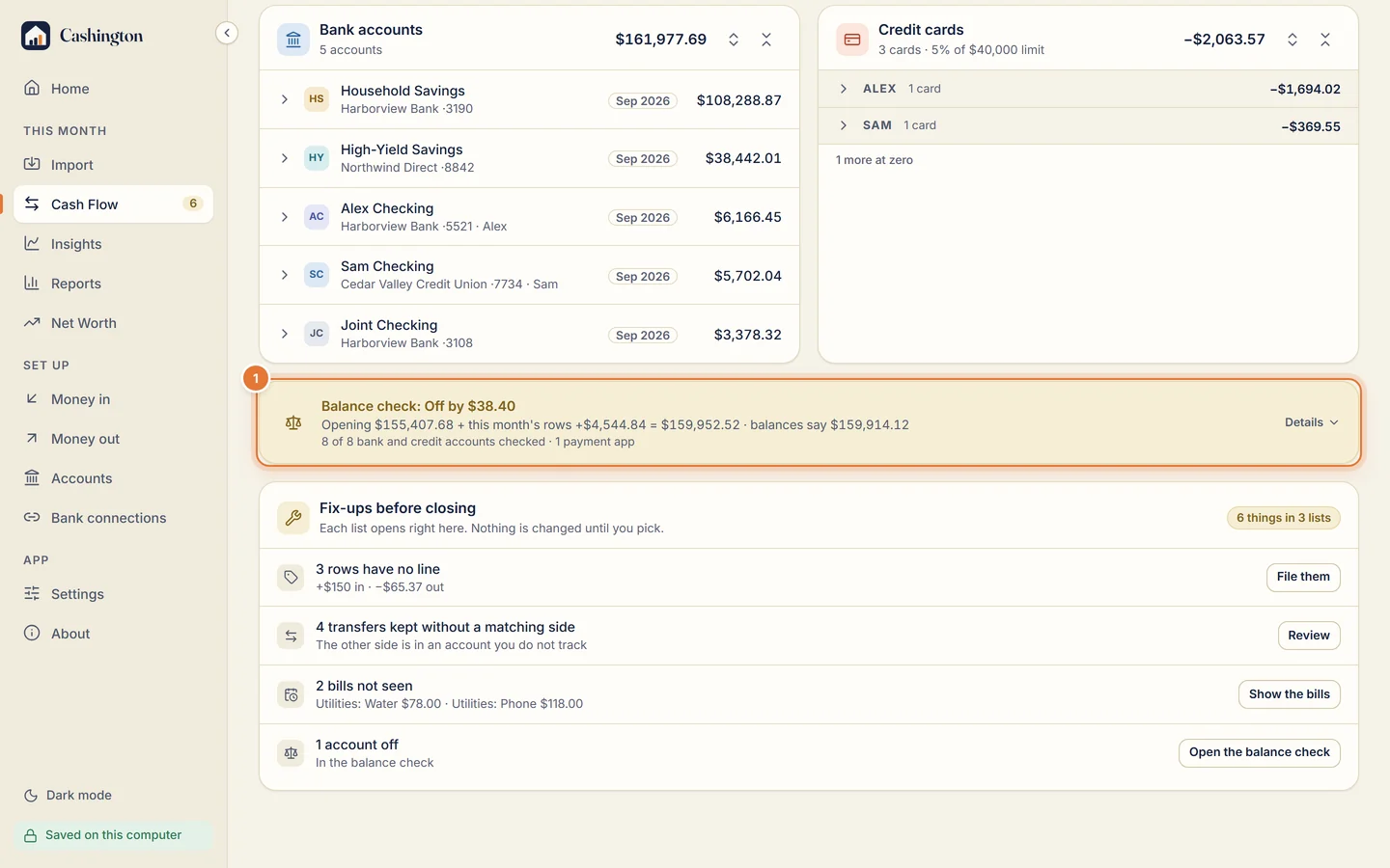 Balance check: Off by $38.40, opening balance plus this month's rows against what the balances say, 8 of 8 bank and credit accounts checked, and Details.