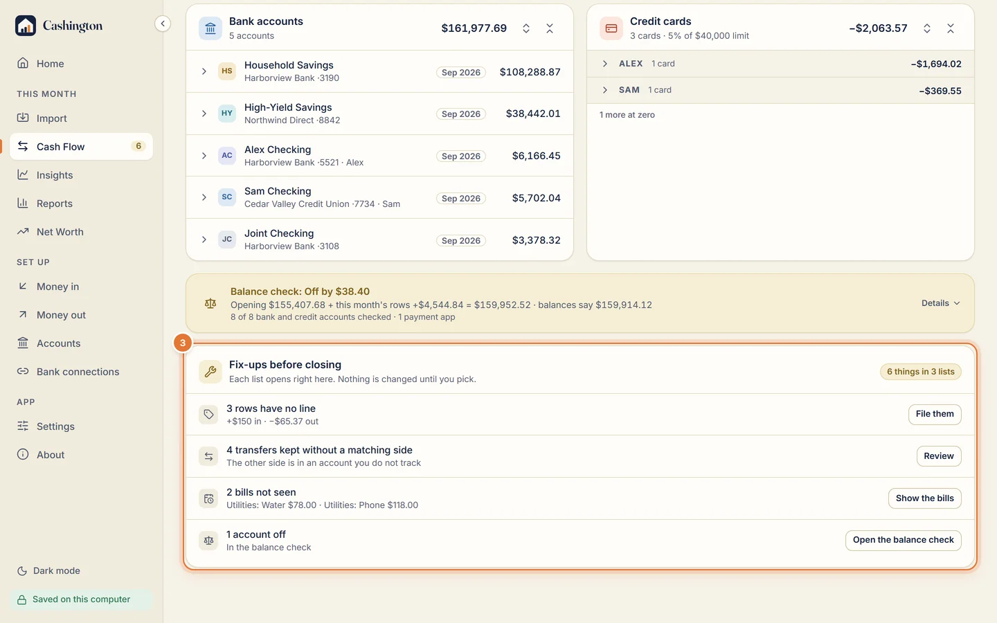 Fix-ups before closing: 3 rows have no line with File them, 4 transfers kept without a matching side with Review, 2 bills not seen with Show the bills, and 1 account off with Open the balance check.