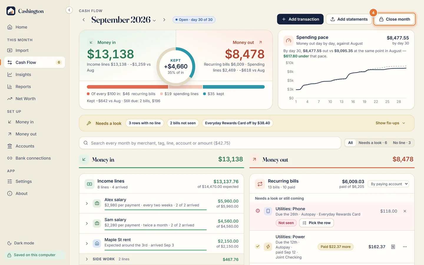 The Cash Flow header for September 2026, marked Open, with the Close month button.