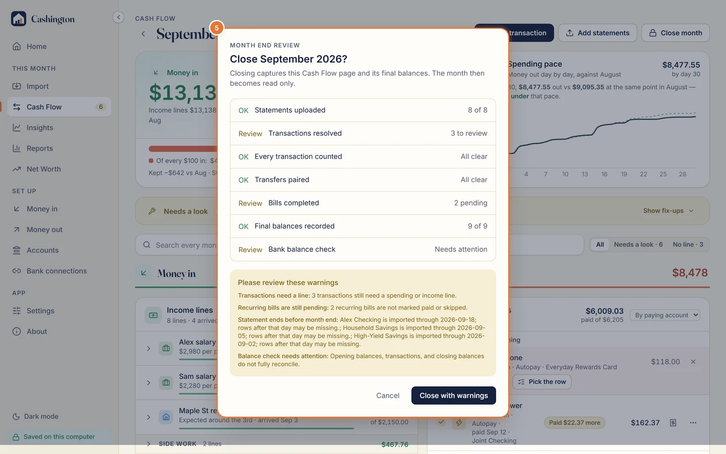 Month end review for September 2026: statements uploaded, transactions resolved, transfers paired, bills completed and final balances recorded, with Close with warnings.