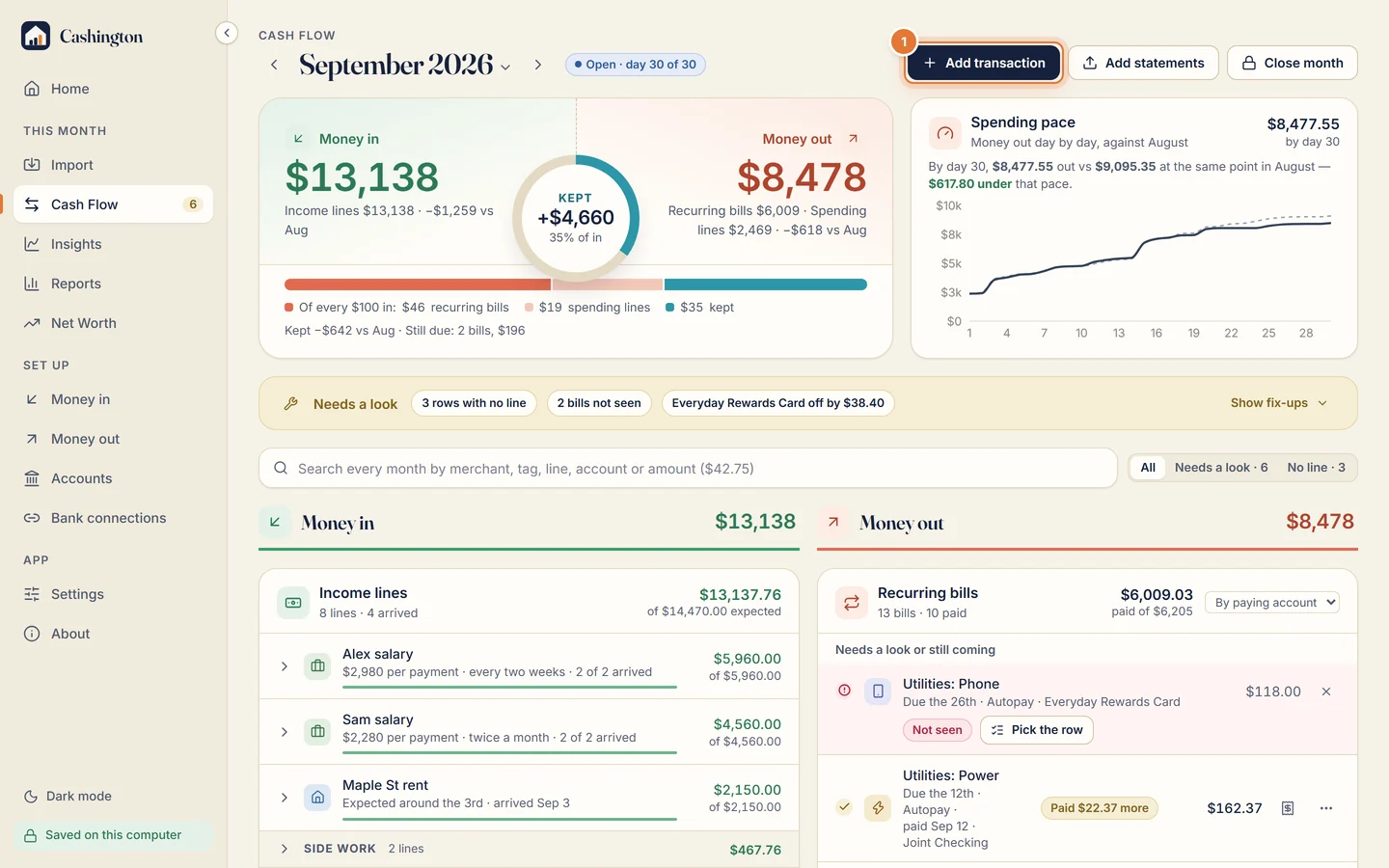 Cash Flow for September 2026 with the Add transaction, Add statements and Close month buttons.