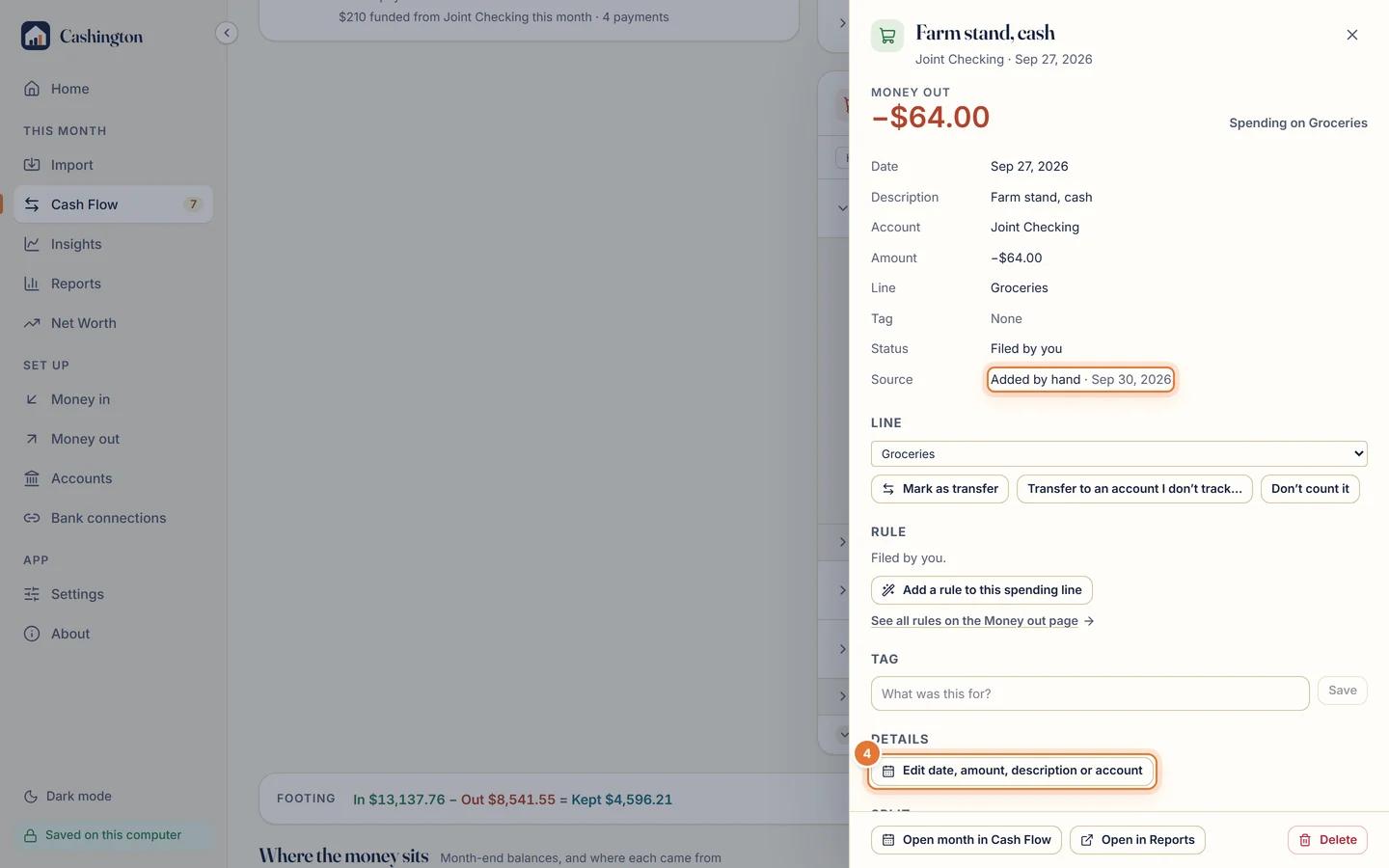 The drawer with Source: Added by hand, the Line picker with Mark as transfer, a Rule section with Add a rule to this spending line, Tag, and Details with an Edit date, amount, description or account button.