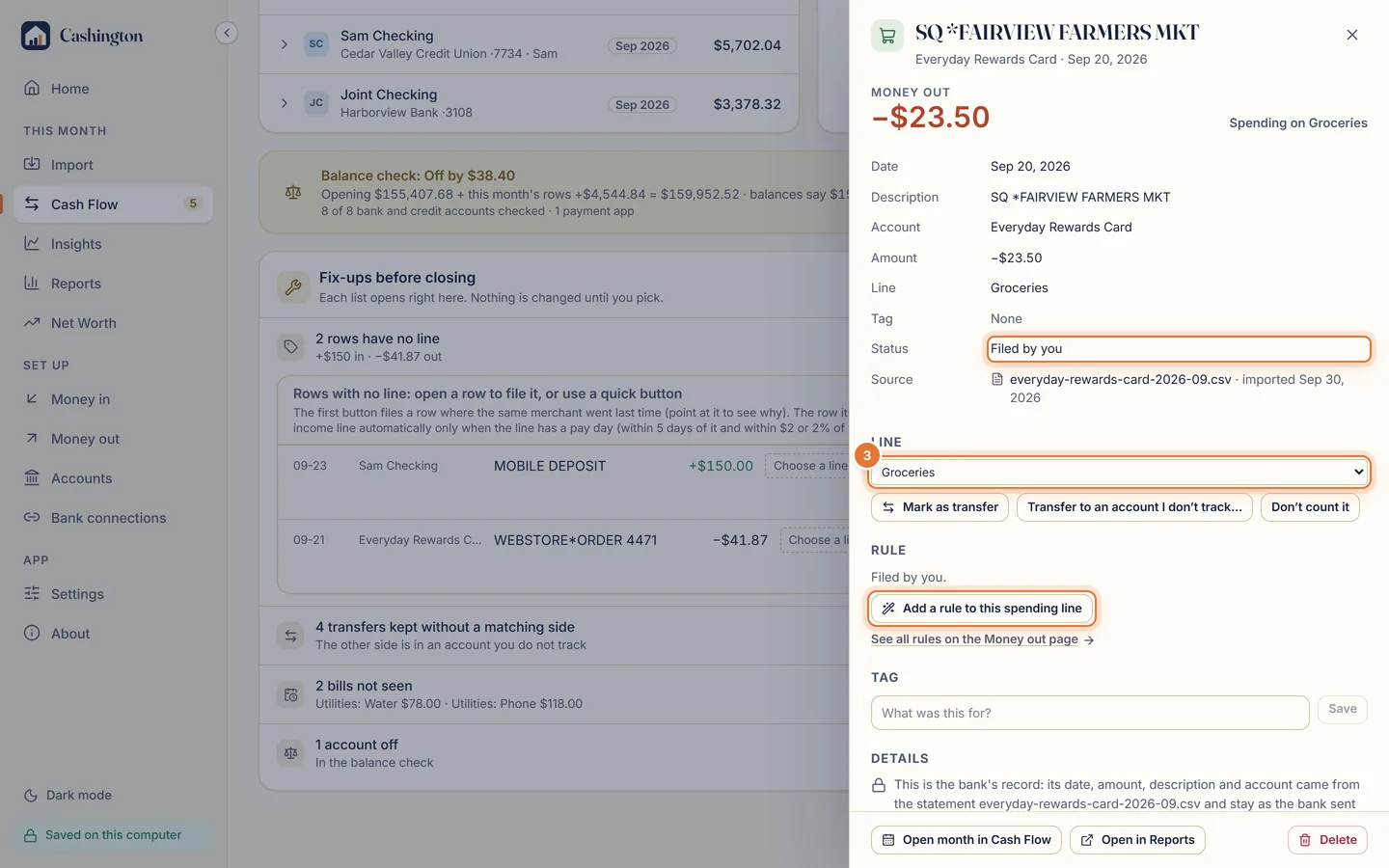 The transaction drawer for SQ *FAIRVIEW FARMERS MKT with the line set to Groceries, the status Filed by you, and an Add a rule to this spending line button.