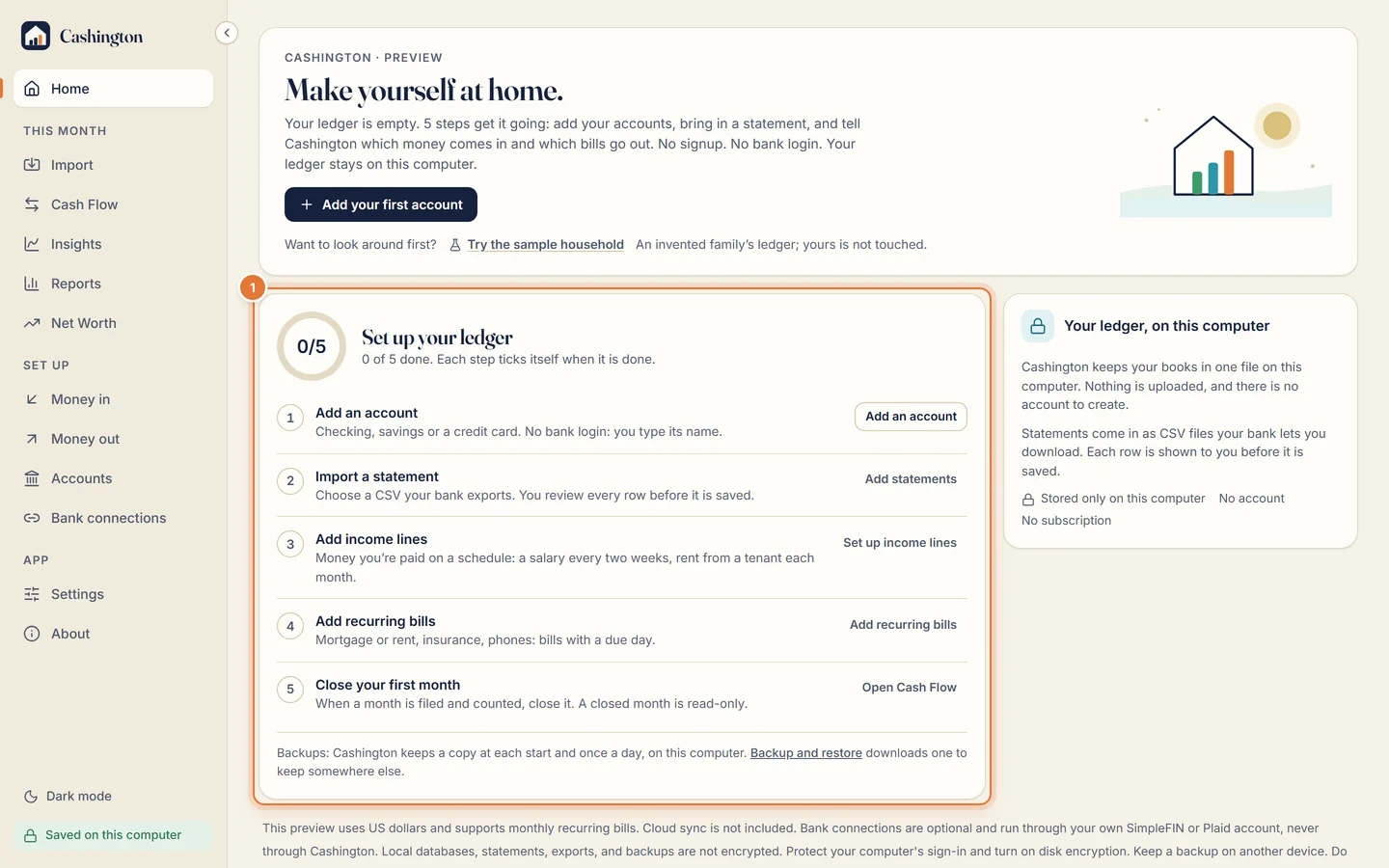 Cashington Home on a new ledger, with the Set up your ledger checklist at 0 of 5 done.