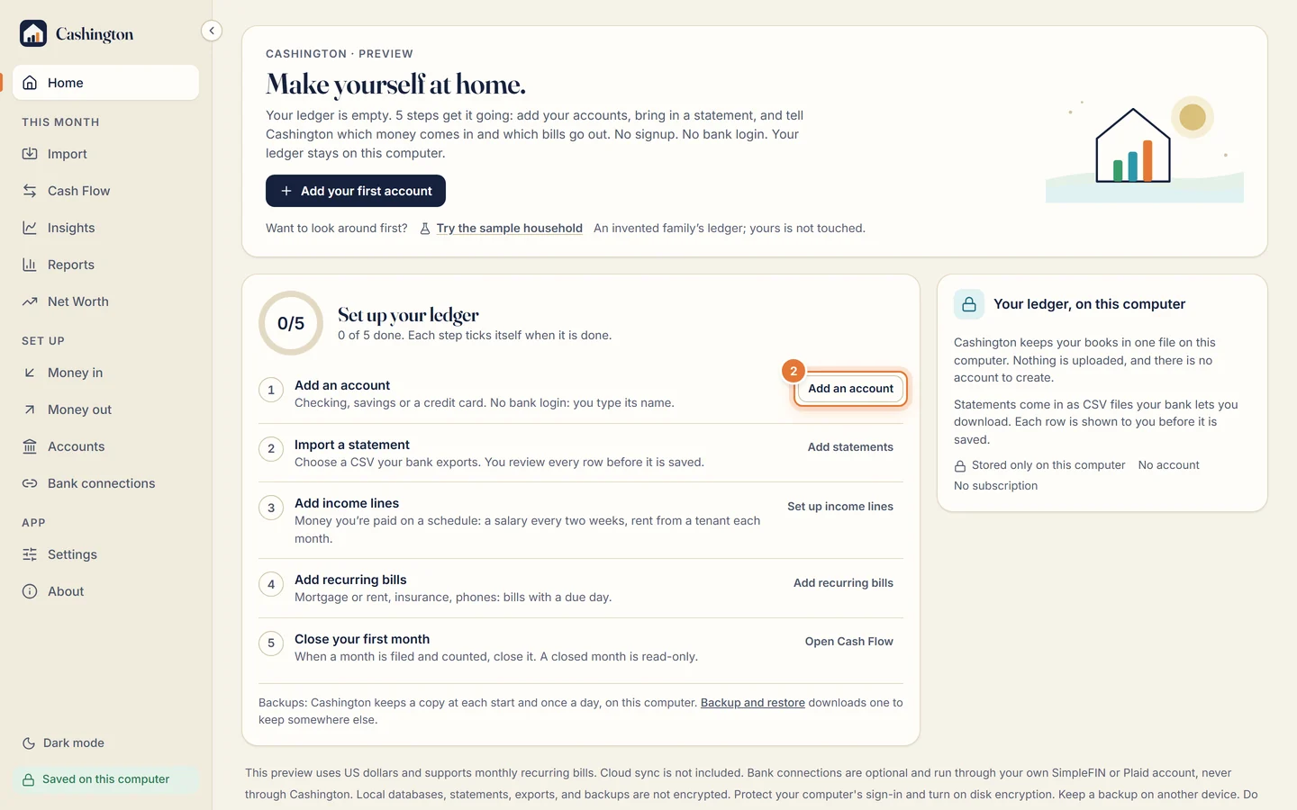 The checklist's Add an account step: Checking, savings or a credit card. No bank login: you type its name.