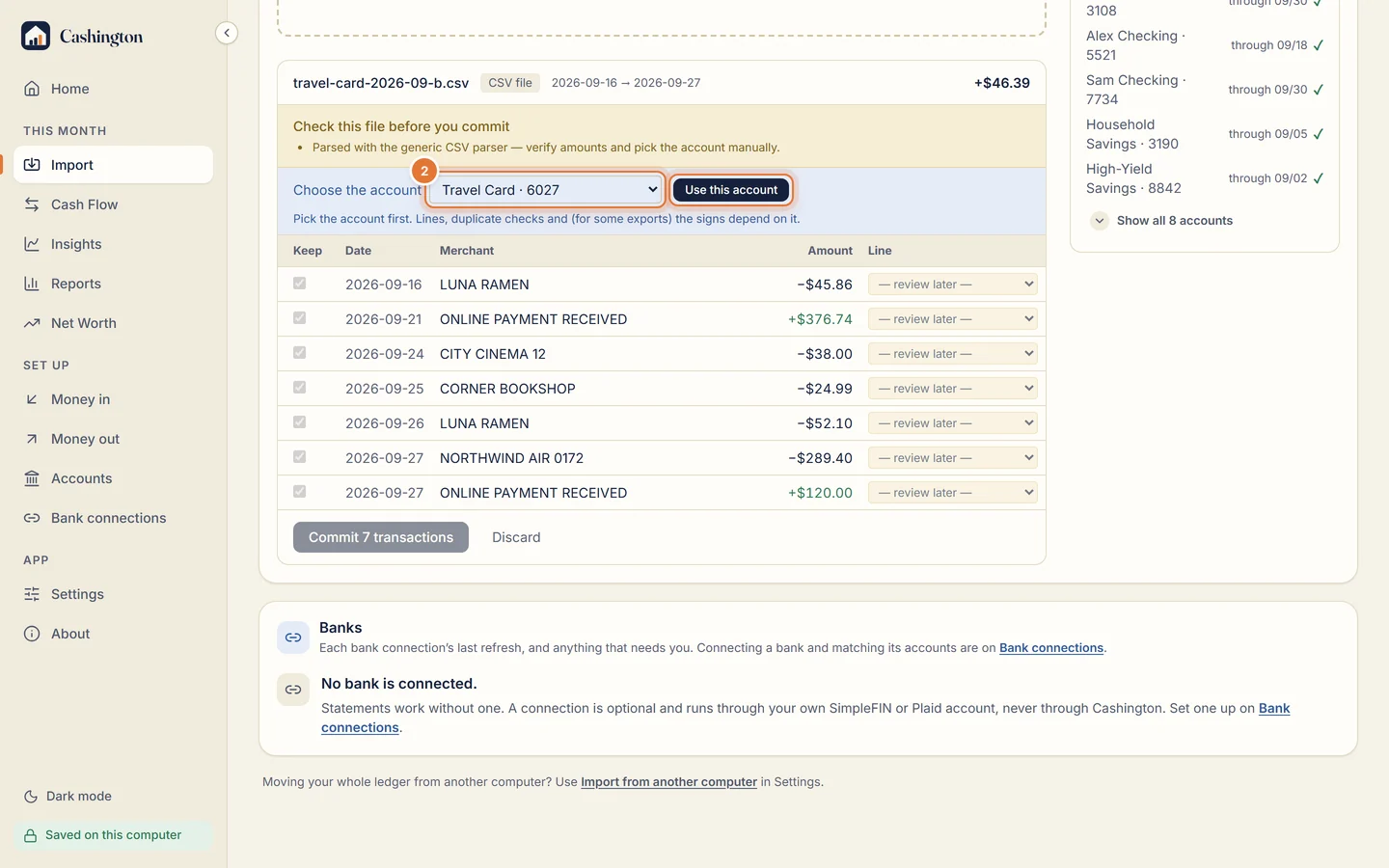 Check this file before you commit, with Choose the account set to Travel Card ending 6027 and a Use this account button.