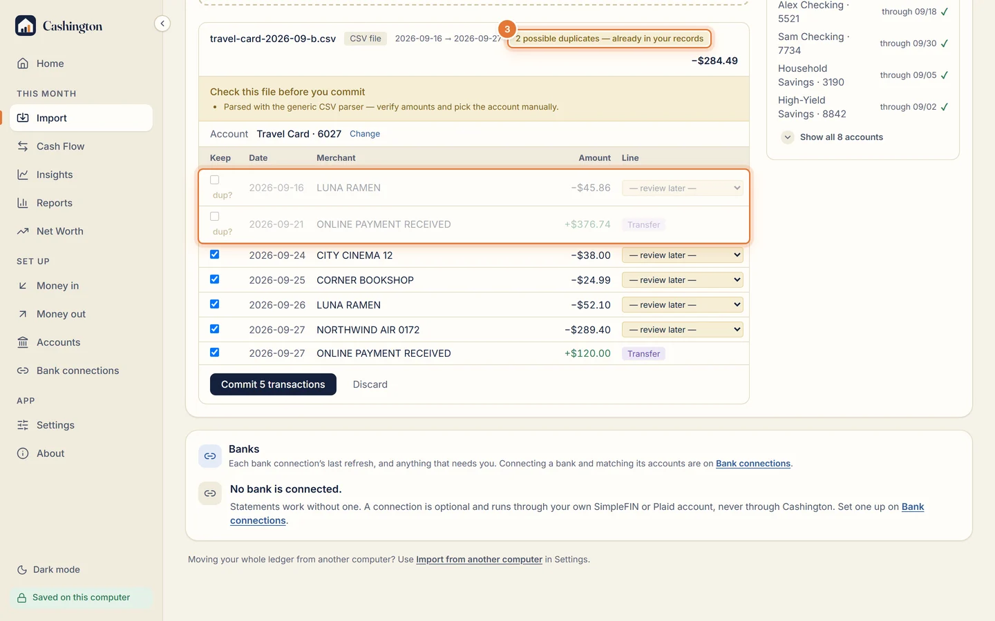 The statement preview: 2 possible duplicates already in your records are marked dup? and unticked, and a card payment is marked Transfer.