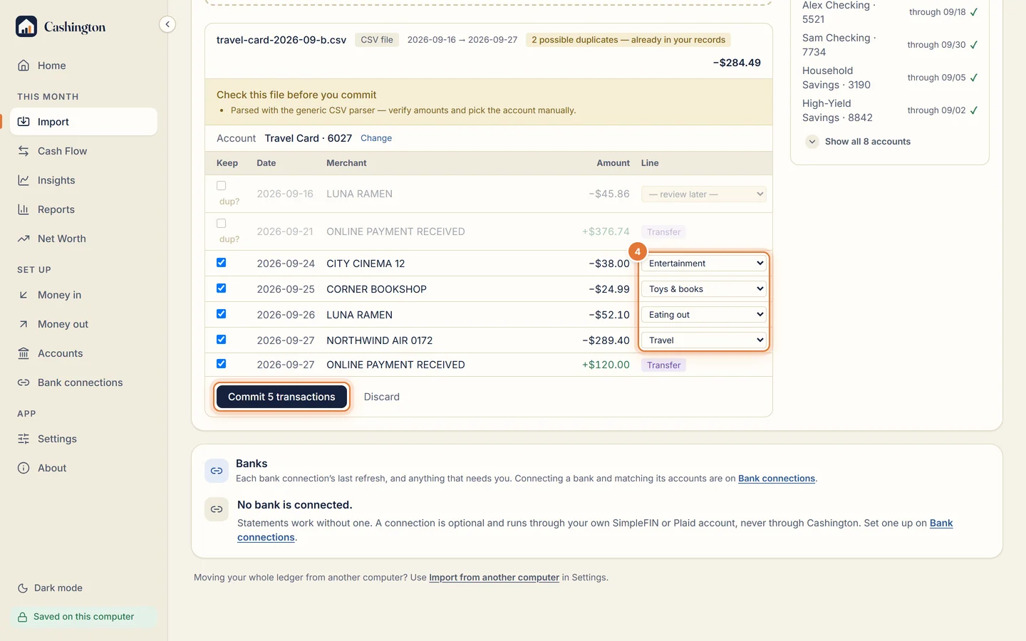 Preview rows filed under lines such as Entertainment, Eating out and Travel, with Commit 5 transactions and Discard buttons.