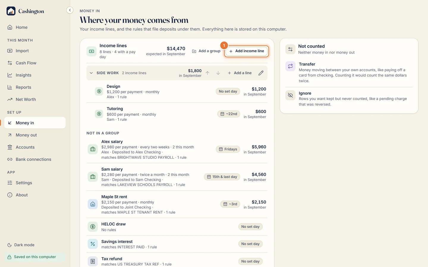 The Money in page, Where your money comes from, with Income lines, the Side work group, Add a group and the Add income line button.