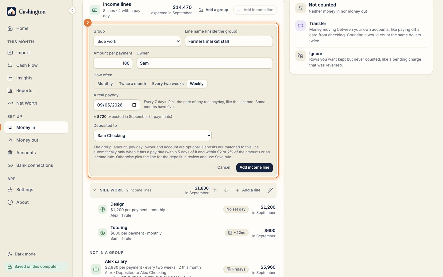The New income line form with Group set to Side work, Line name, Amount per payment, Owner, How often (Monthly, Twice a month, Every two weeks, Weekly), A real payday, Deposited to, and Add income line.