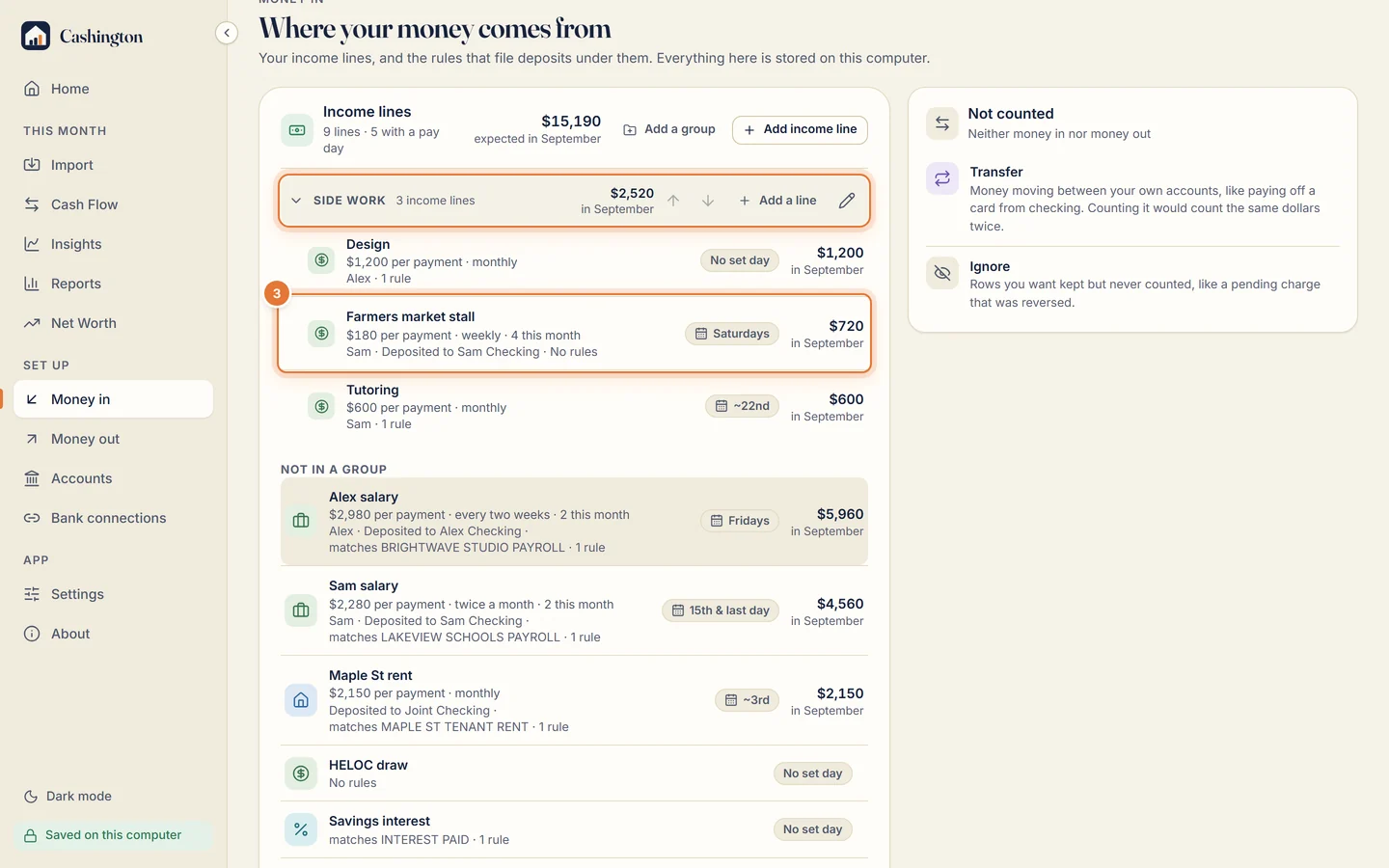The Side work group with 3 income lines, and the new Farmers market stall line: $180 per payment, weekly, owner Sam, deposited to Sam Checking, Saturdays, $720 in September.