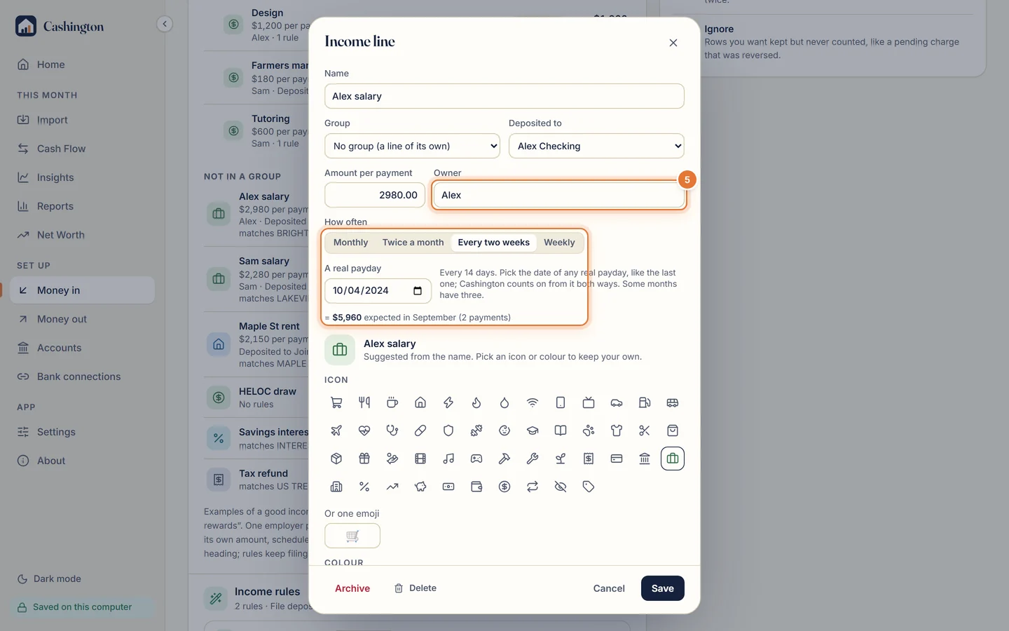 The Income line dialog for Alex salary with Group, Deposited to, Amount per payment and Owner, set to Every two weeks, showing $5,960 expected in September from 2 payments, with Archive, Delete, Cancel and Save.