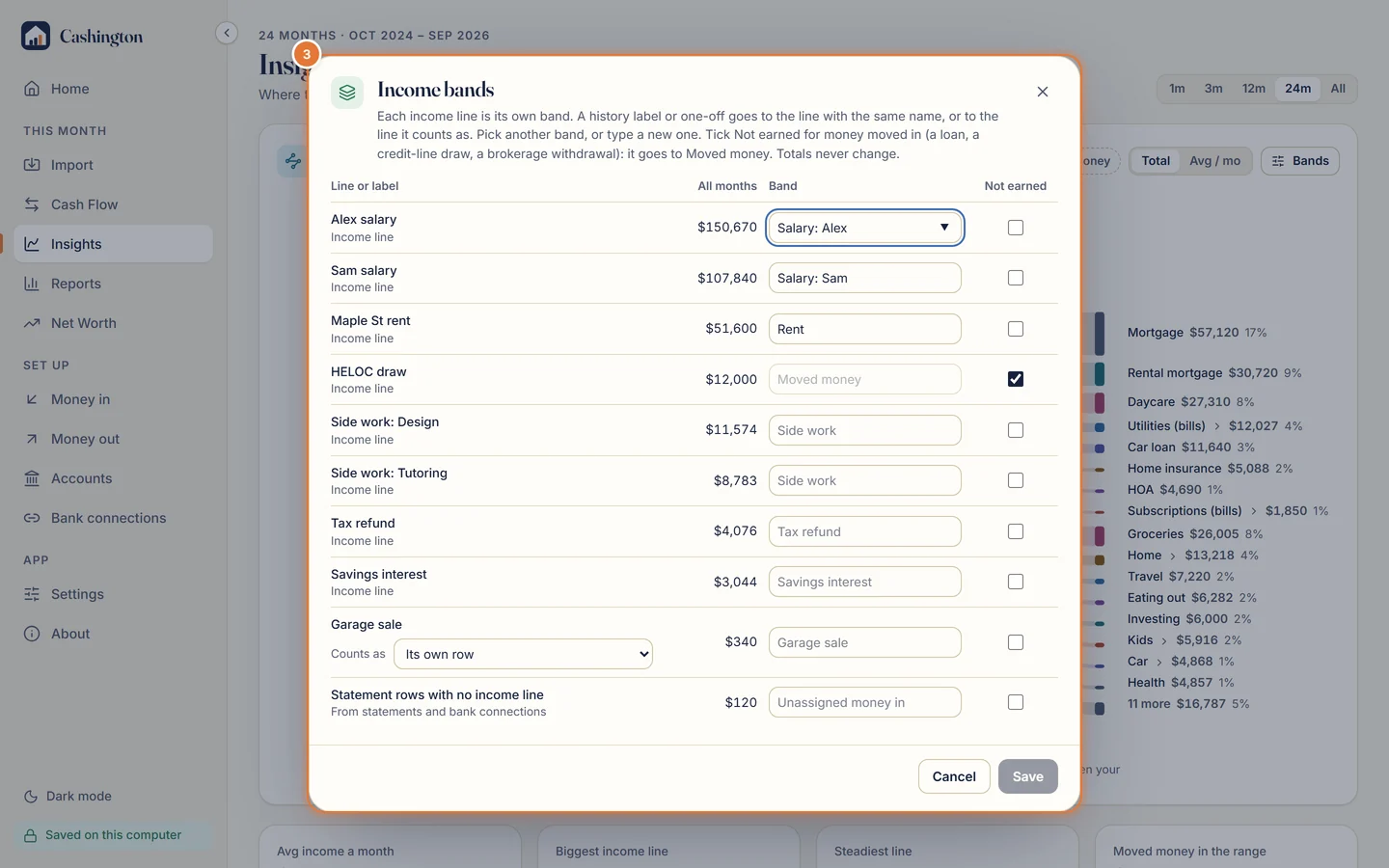 The Income bands editor, with a band for each income line and an is not earned tick box.