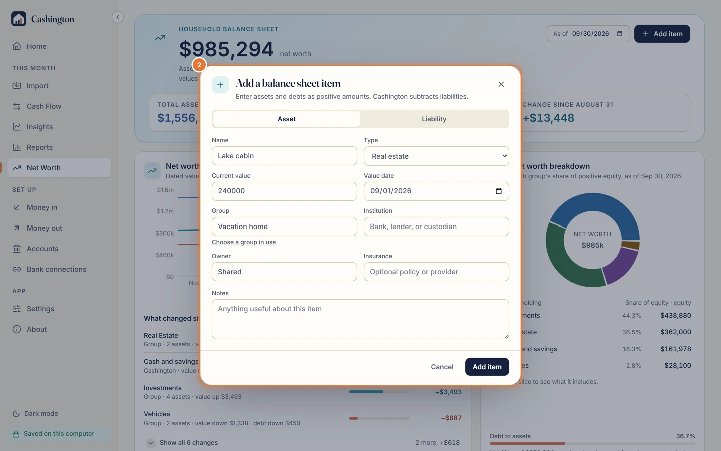 Add a balance sheet item: Asset selected, Name, Type set to Real estate, Current value, Value date, Group and Owner.