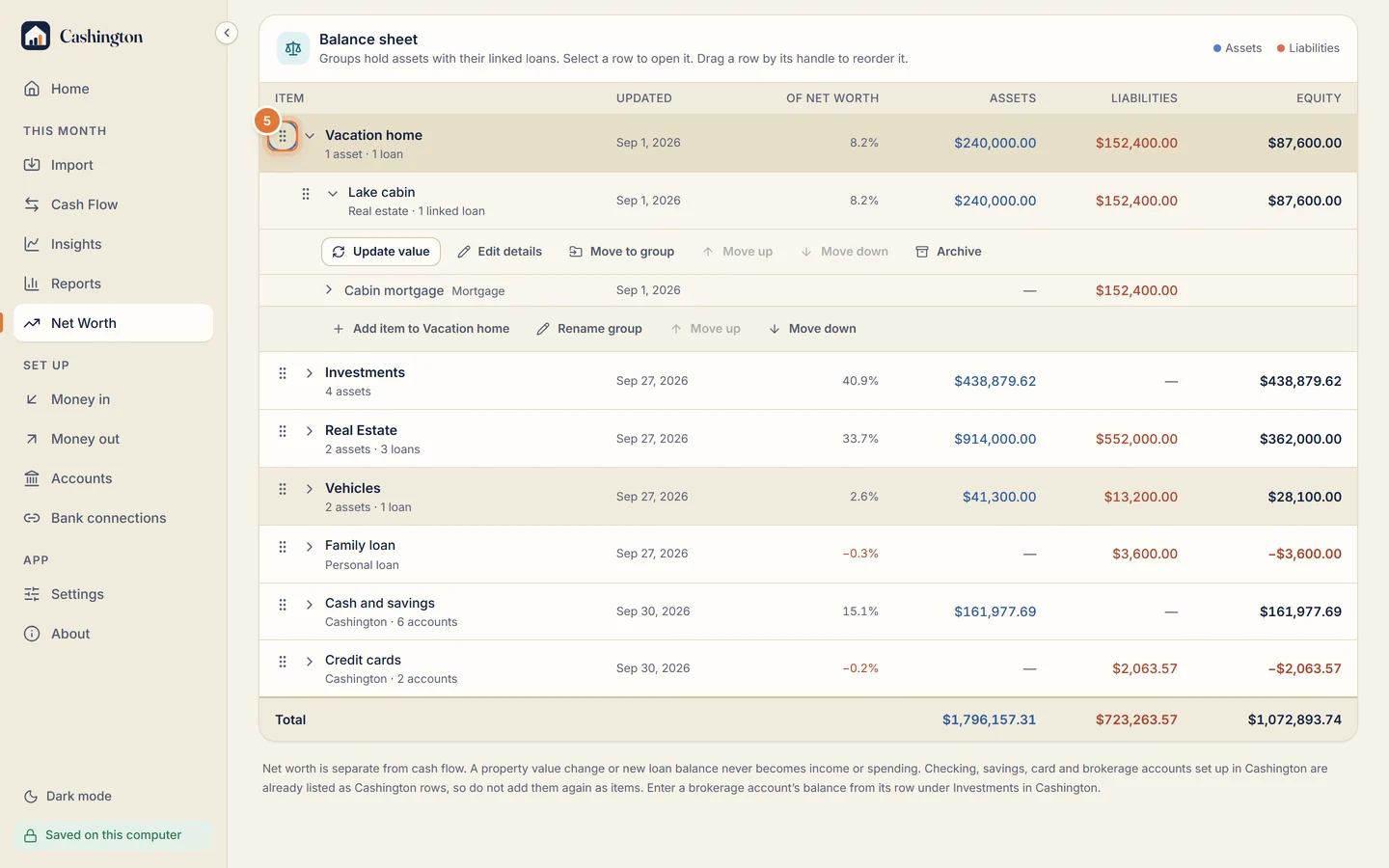 Reordering the Vacation home group by its handle, with the hint Drag a row by its handle to reorder it.