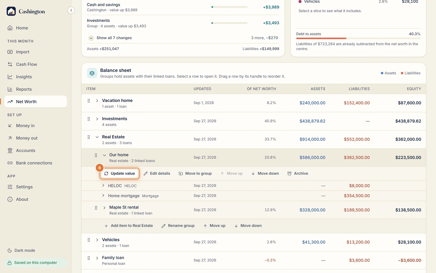 The Our home row opened, with Update value, Edit details, Move to group, Move up, Move down and Archive.