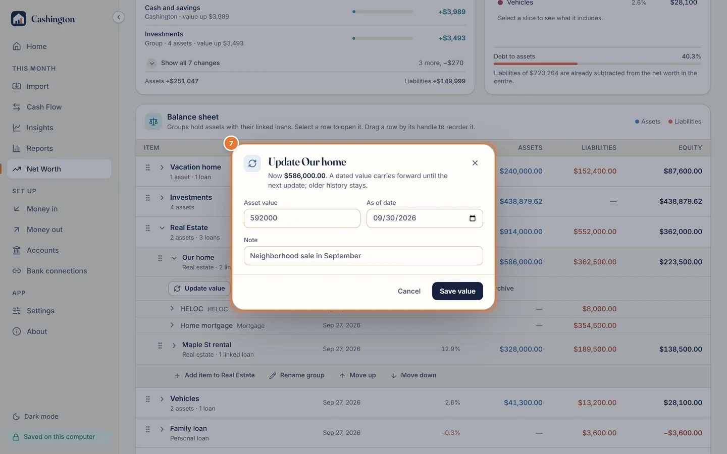 Update Our home: Asset value, As of date and Note, with Cancel and Save value.