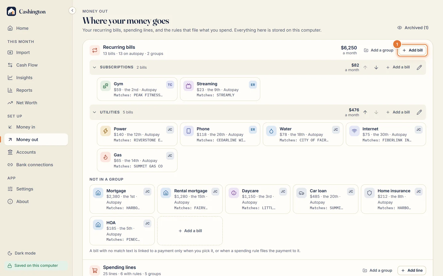 The Money out page, Where your money goes, with Recurring bills (13 bills, 13 on autopay, 2 groups), Add a group and an Add bill button.