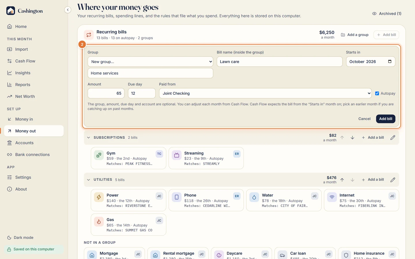 The New recurring bill form with Group set to a new group, Home services, Bill name, Starts in, Amount, Due day, Paid from and Autopay.