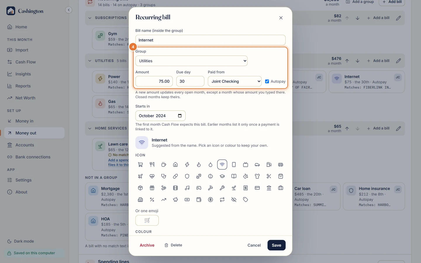 The Recurring bill dialog for Internet with Group, Amount, Due day, Paid from and Autopay fields, and Cancel and Save buttons.