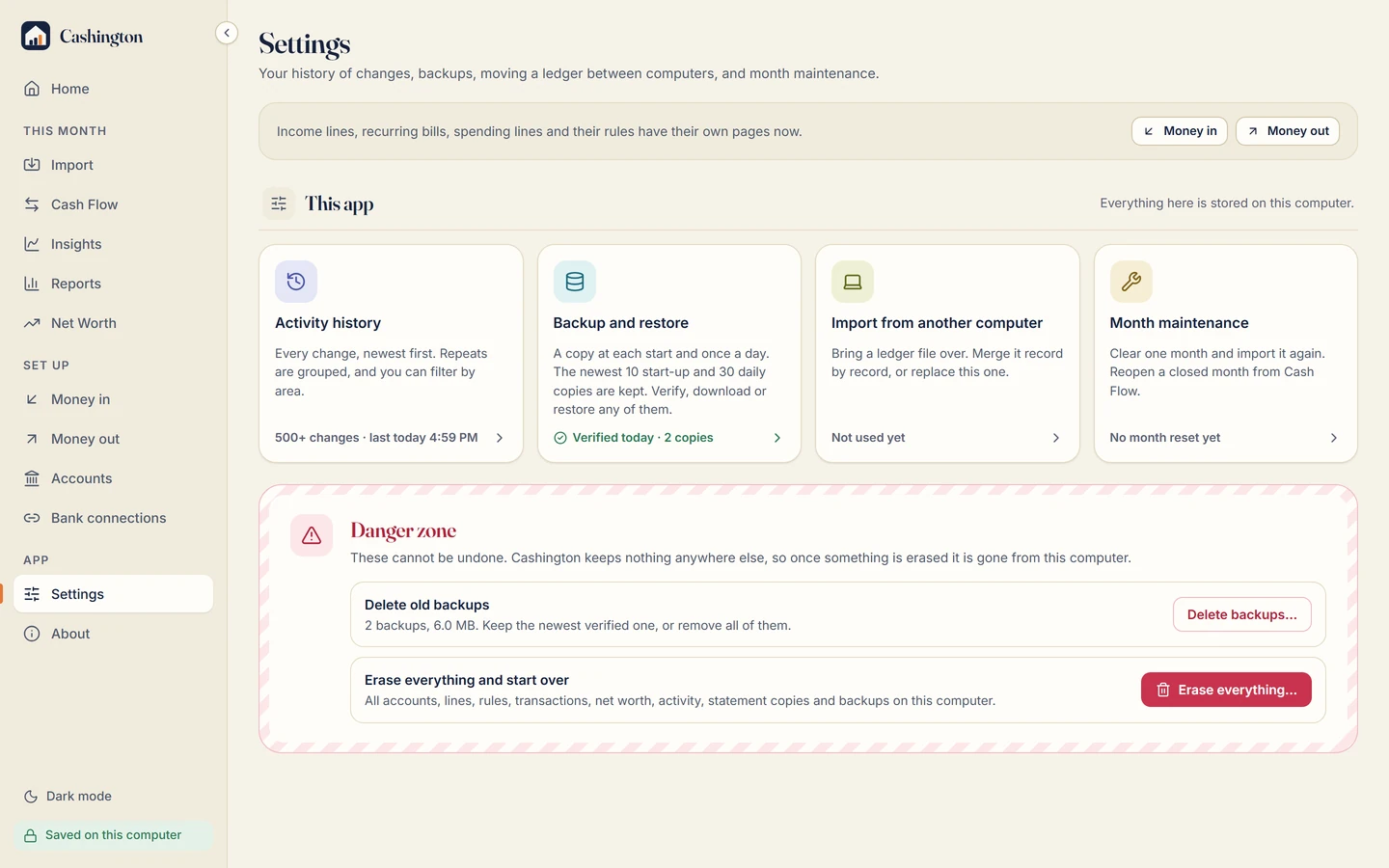 Settings, This app, and the Danger zone: Delete old backups, and Erase everything and start over, with the note that Cashington keeps nothing anywhere else.